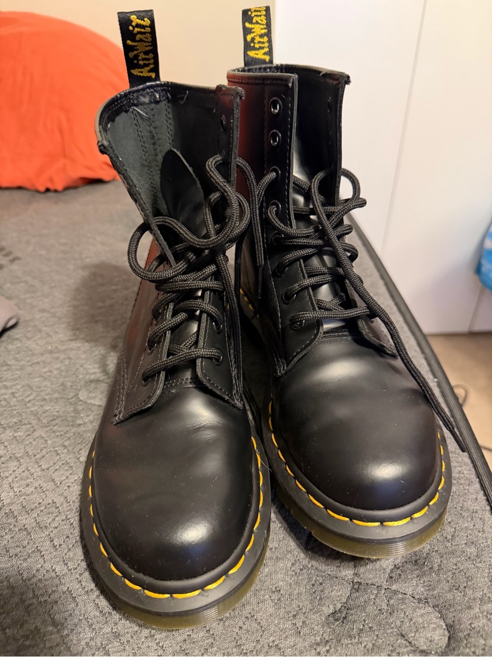 Dr. Martens Black Leather Lace-Up Combat Boots with Yellow Stitching
